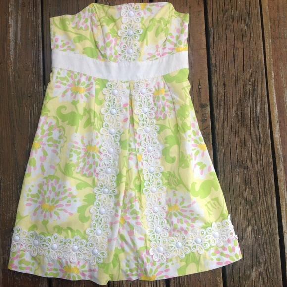 Lilly Pulitzer JUBILEE Floral In The Leaves Strapless Dress Sz 2 Beaded Crochet - Picture 1 of 5